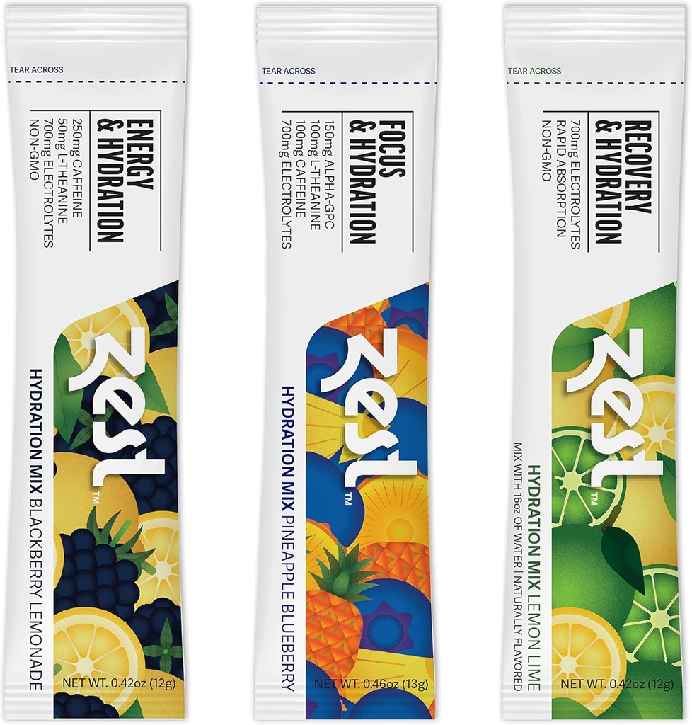 Zest Hydration Electrolyte Toz - Çeşitli Paket - Mix w /Water - 6 Seyahat Paketleri - Low Sugar Supplement - Recovery, Energy, & Focus Drink - IV Pillars of Liquid Rehidr incl Salt & P properties