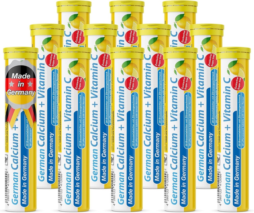 German Calcium + VIT. C - 240 Vegan Drink Effervescent Tablets - Lemon Lime Flavor - Made in Germany