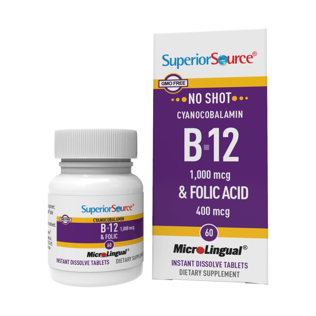 Üstün Kaynak No Shot Vitamin B-12 Cyanocobalamin 1000 mcg & Folic Acid 400 mcg - Energy, Heart, Brain, & Stres Desteği - 60 Sublingual Discrypt Tablets