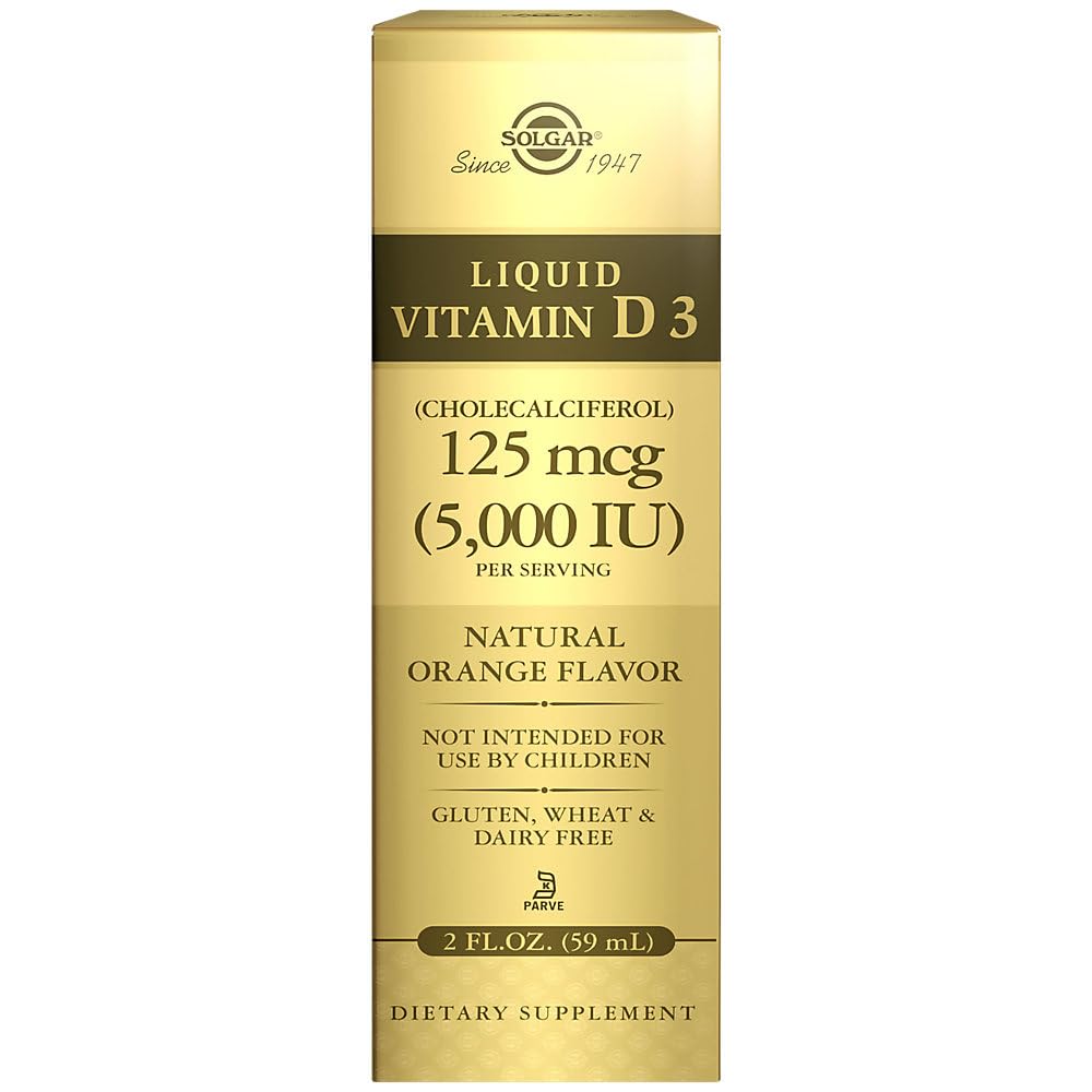 Solgar Liquid Vitamin D3 125 mcg (5,000 IU), 2 fl oz - Delicious, Natural Orange Flavor - Helps Maintain Healthy Bones & Teeth - Immune System Support - Gluten Free, Dairy Free, Kosher - 59 Servings