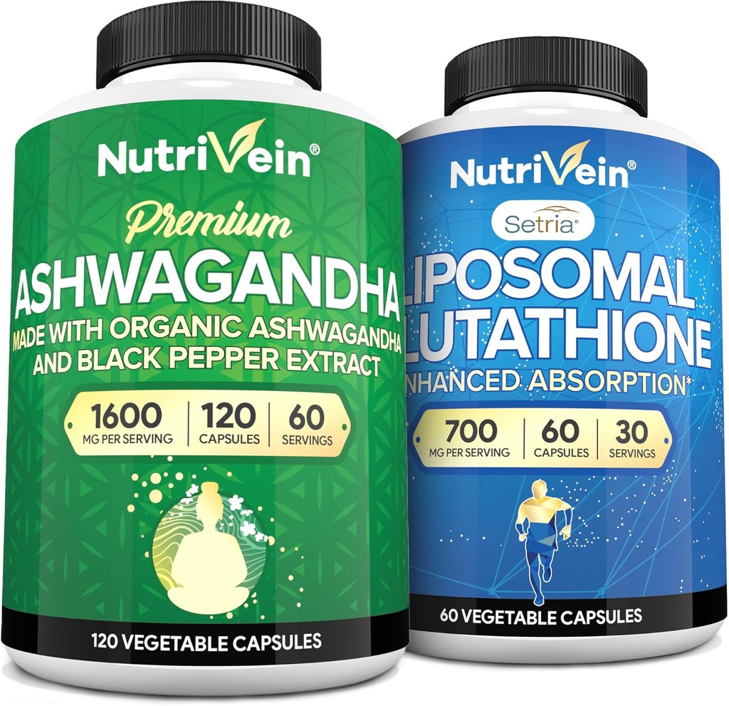 Nutrivein Premium Ashwagandha & Liposomal Glutathion Supplement Bundle: Υψηλής Απορρόφησης Glutathion Liposomal Supplement & Ashwagandha Supplements for Immunity, Balance, Vitality, & Detox