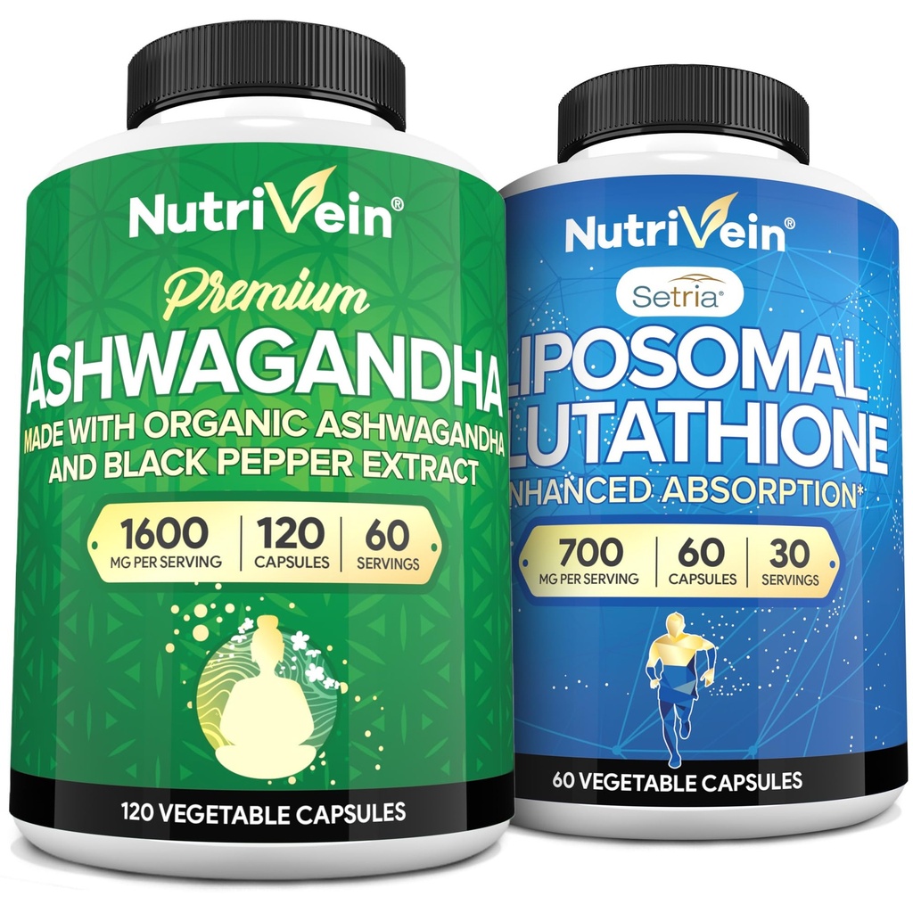 Nutrivein Premium Ashwagandha & Liposomal Glutathion Supplement Bundle: Υψηλής Απορρόφησης Glutathion Liposomal Supplement & Ashwagandha Supplements for Immunity, Balance, Vitality, & Detox