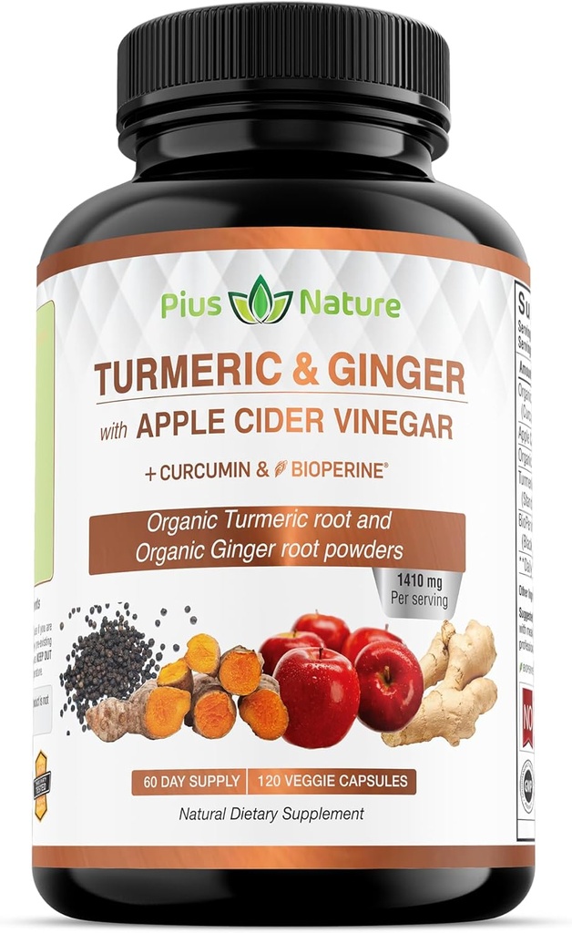 120 USDA Organik Turmeric Root Toz, USDA Organik Ginger Toz ve Apple Cider Vinegar Toz, Curcumin (95 Curcuminoids) ve Bioperine, Veggie Capsules'de hizmet başına 1410 mg