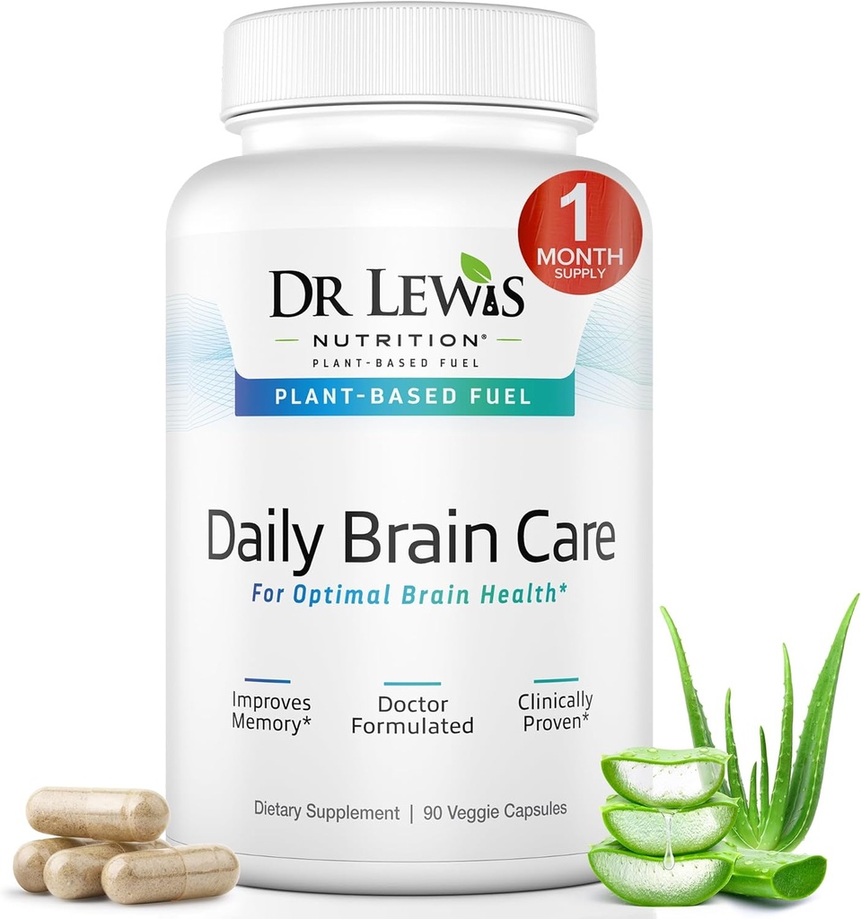 Memory ve Focus için Beyin Supplements - Dr Lewis Daily Brain Care Capsules with Aloe Vera – Plant-Based Nootropic and Energy Supplement for Brain Fog, mental Clarity, and Immune Support – 90 Capsules