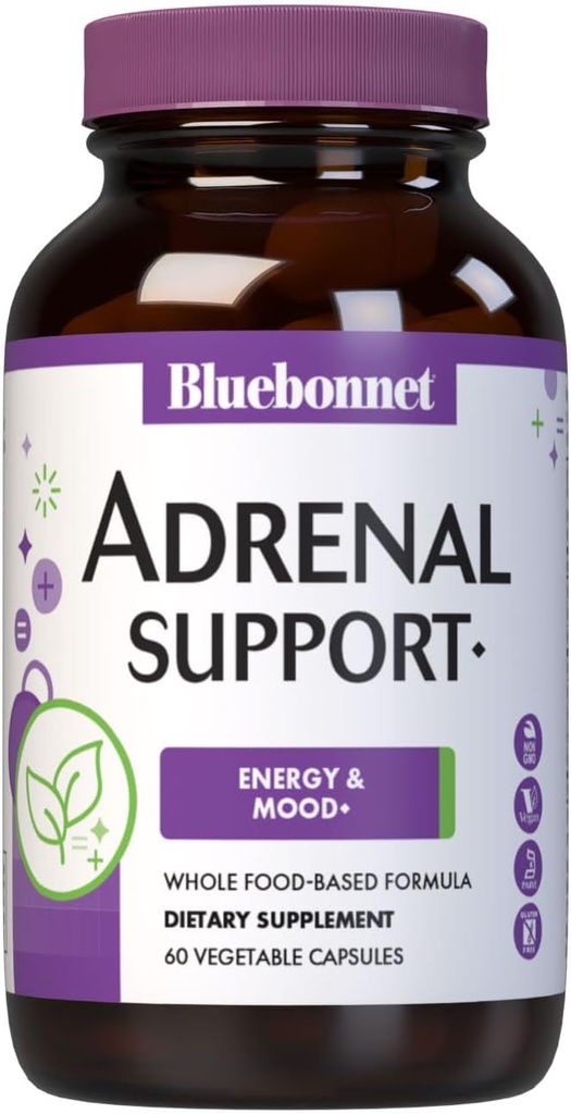 Bluebonnet Beslenme Adrenal Destek, Enerji & Mood*, Non-GMO, Vegan, Kosher sertifikalı, Gluten-Free, Soy-Free, Süt-Free, 60 Sebze Kapsülleri, 30 Hizmet
