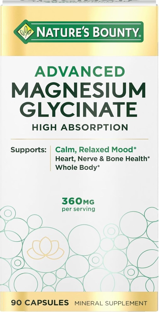 Nature's Bounty Calm Magnesium Glycinate Supplement - High Absorption Magnesium for Relaxed Mood, Heart & Bone Health, 90 Capsules