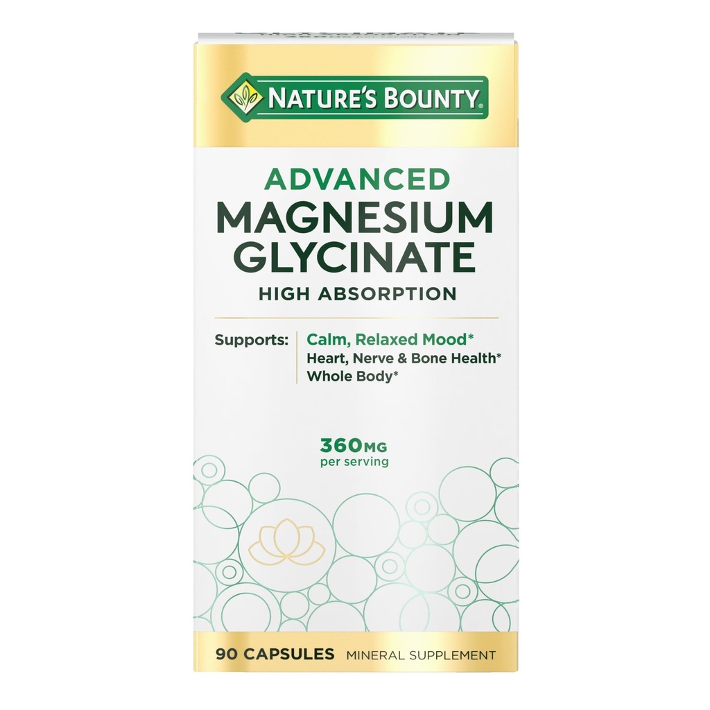 Nature's Bounty Calm Magnesium Glycinate Supplement - High Absorption Magnesium for Relaxed Mood, Heart & Bone Health, 90 Capsules