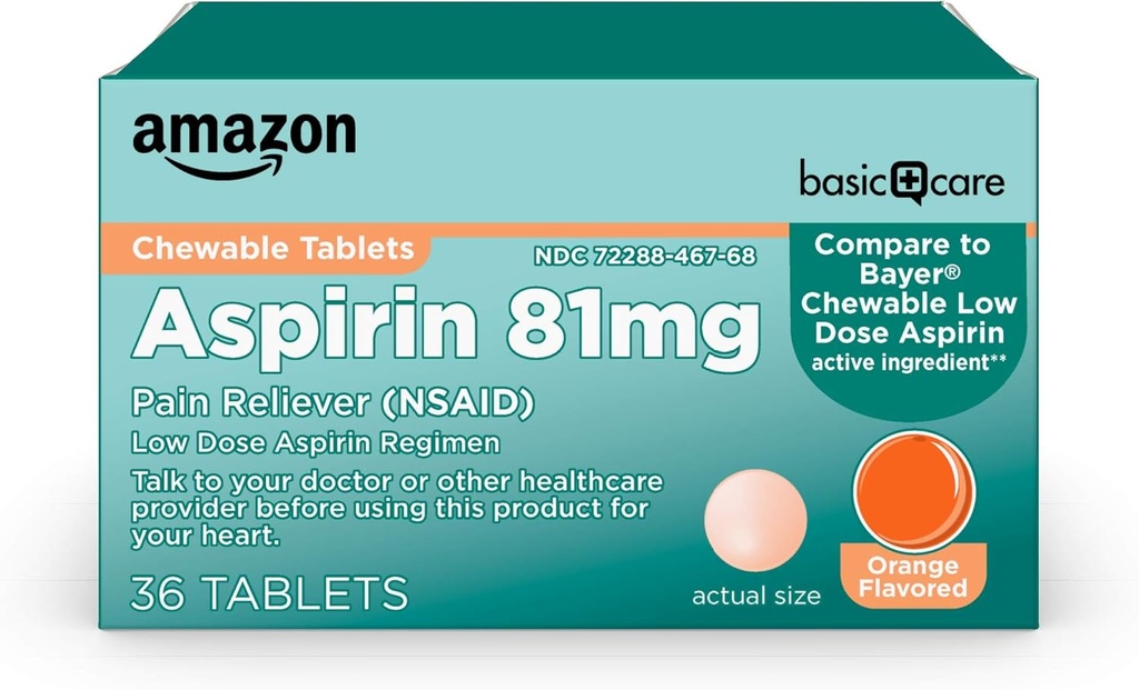 Temel Bakım Low Dose Chewable aspirin 81 mg Tabletler, Ağrı Reliever, Orange Flavor, 36 Kont