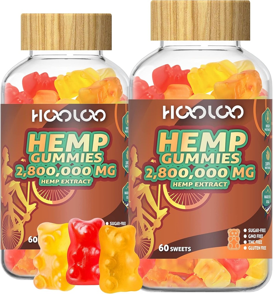HOOLOO Hemp Gummies for Happier Bedtimes & Focus, Ekstra Kuvvet 2,800,000 mg Hemp Oil Infüzyon Gummy Bears Fruity, Sugar Free, 120ct Edibles, Made in USA