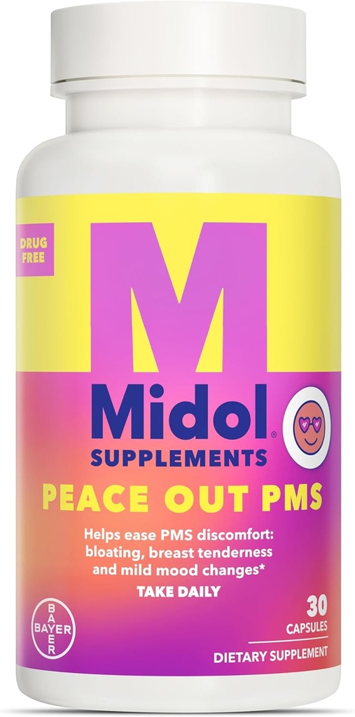 MIDOL Supplements Peace Out PMS, PMS Support Supplement, Formulated with Chasteberry to Help Ease Em Tenderness & Mild Mood Changes, Ayrıca Ginger Toz & Valerian Extract, 30 Count