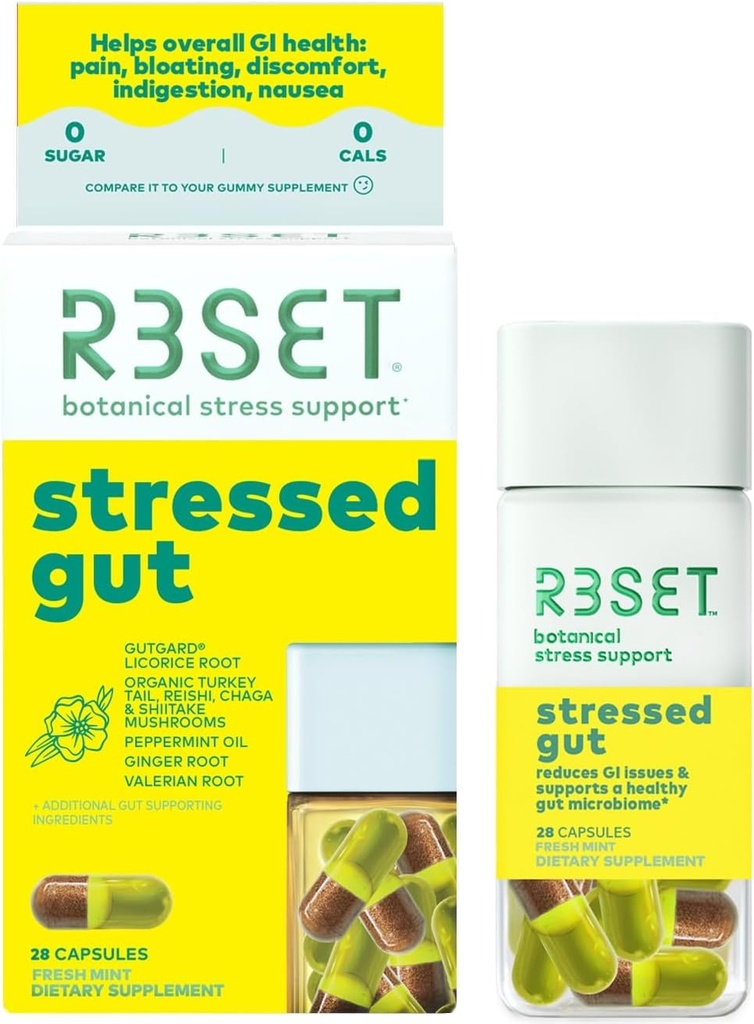 R3SET Gut Prebiyotik Daily Supplement for Gut Health, Heartburn, Bloating, Gas - Kadınlar için Probiyotikler - Ginger, Licorice Root, Organik Mushrooms Meeting, Natural, 28 Count