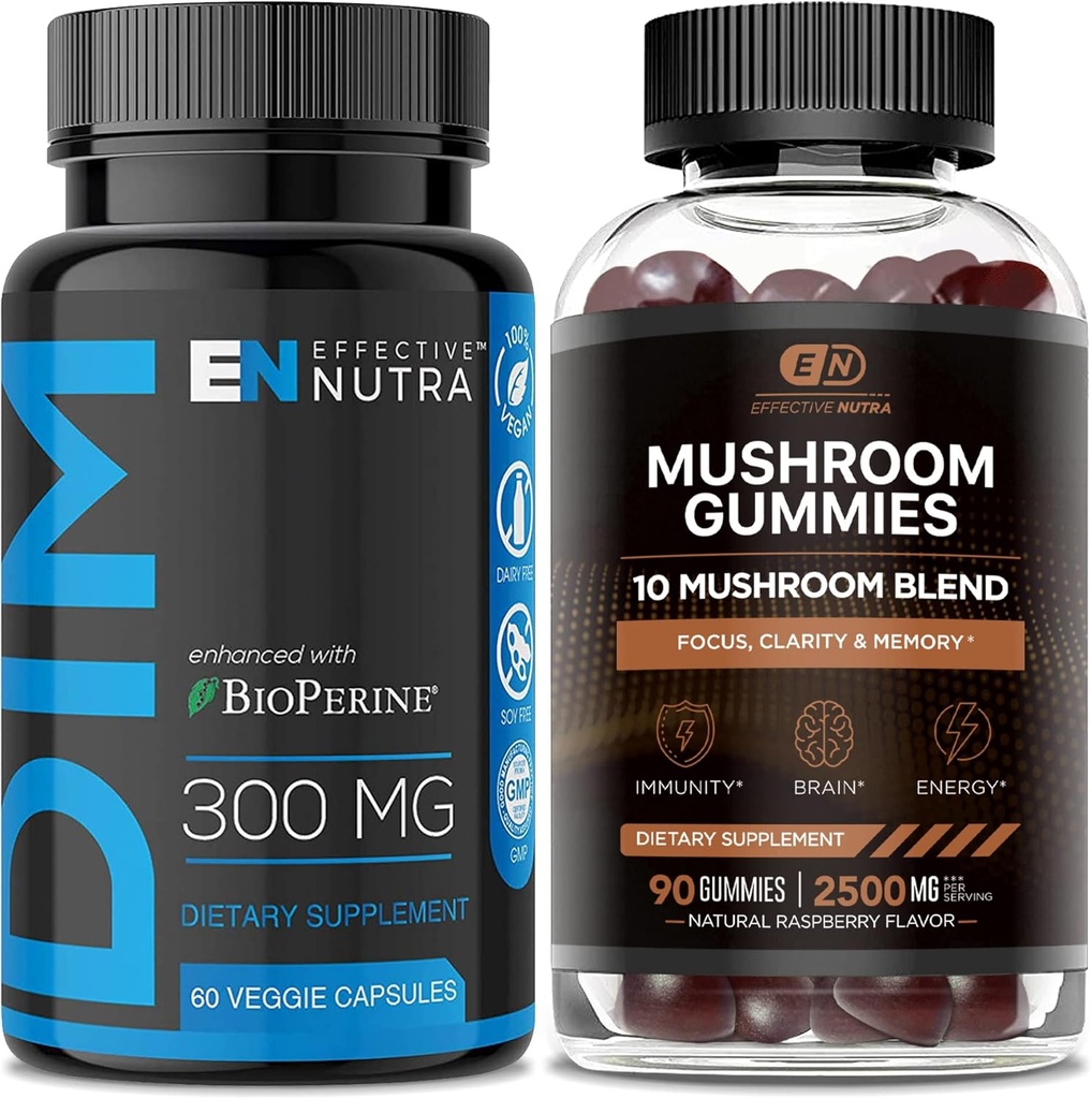 EFFECTIVE NUTRA DIM Supplement 300 mg & Mushroom Gummies 2500 mg - Ekstra Güçlü DIM + Mushroom Kompleks for Estrogen Hormon Dengesi, Acne & P, Immune Support & Energy