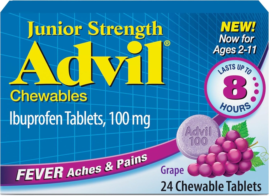 Advil Junior Strength Chewable Ibuprofen Pain Reliever ve Ateşleme, Çocuk Ağrı Yardımı için Ibuprofen, Grape - 24 Tablet