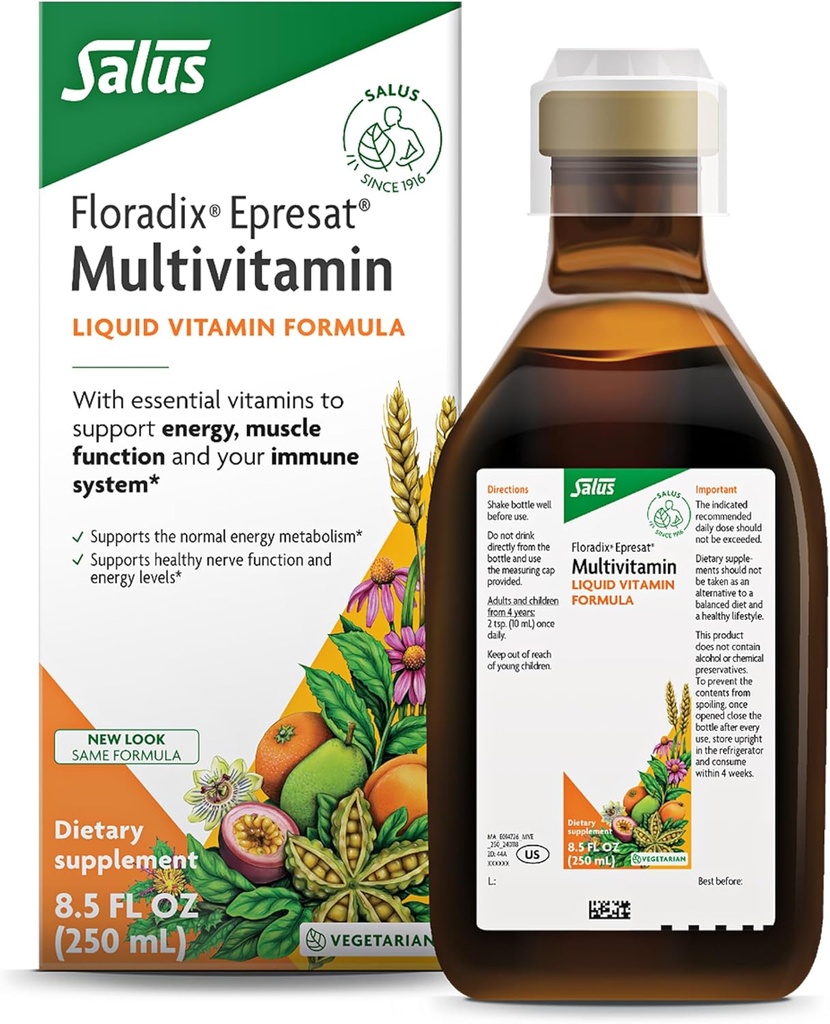 Floradix Epresat Yetişkin Sıvı Çokvitamin - Herbal Supplement - Vitamin A, D, B6, Süt Butle & More - Destekler Enerji & Yaşam Sağlığı - Vejetaryen, Non-GMO - 8.5 fl oz