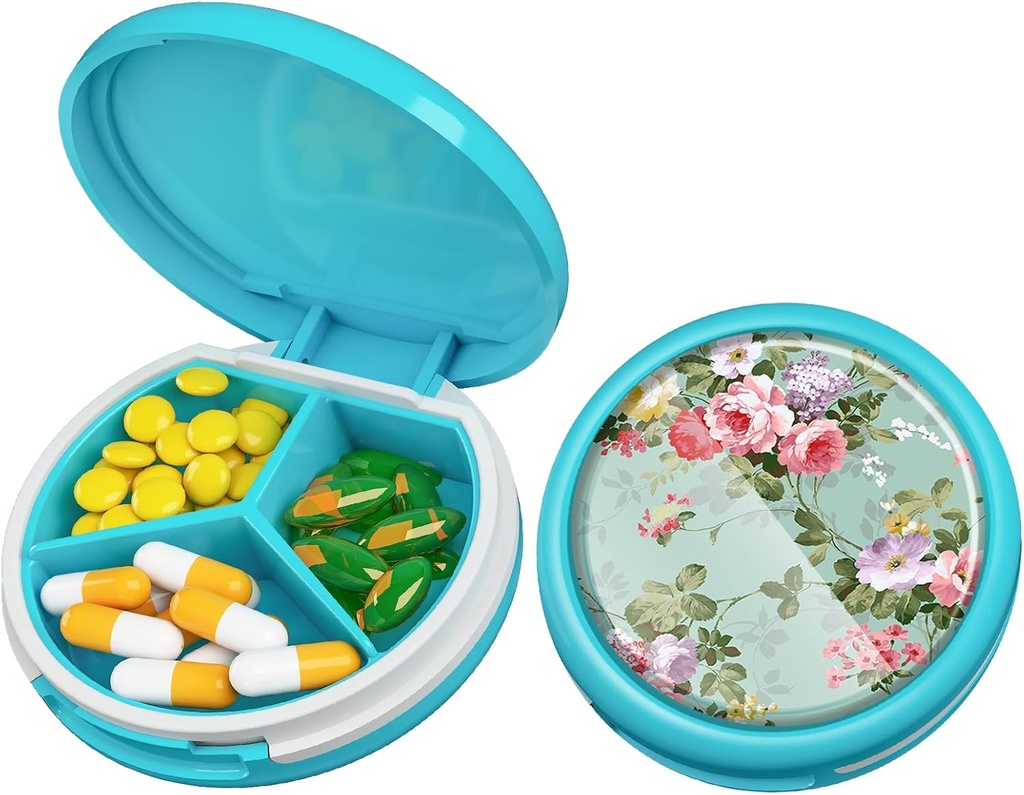 Serfeymi Küçük Pill Box - Purse Pocket için Portreatif Pill Box - Tıp için Uygun, Vitamin, Fish Oil, Supplements - Light Blue(Garden Bloom)