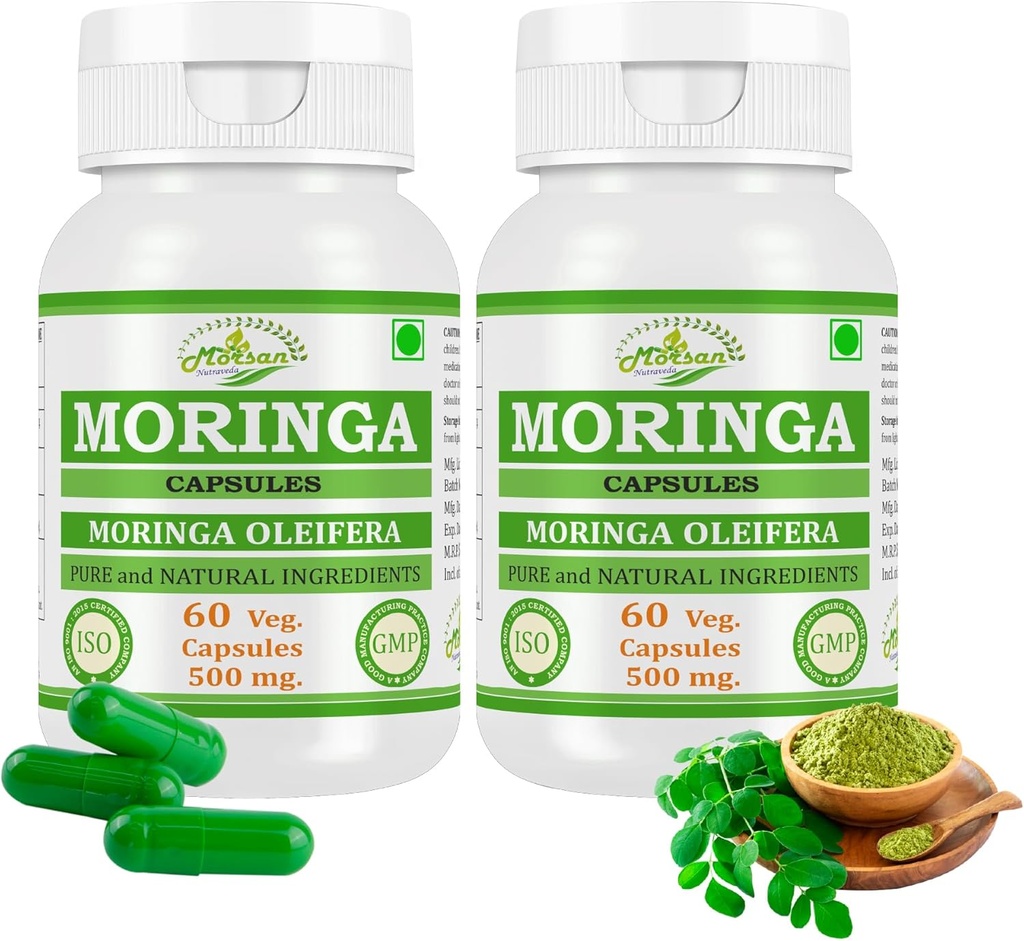 Doğal ve Pure Herbal Moringa OLEIFERA (Moringa, Sahijan) Extract Capsules | En yüksek Potency,% 100 Herbal Ürün | 60 x 500 mg Paket. Veg Capsules (Pack of 2 Jar)