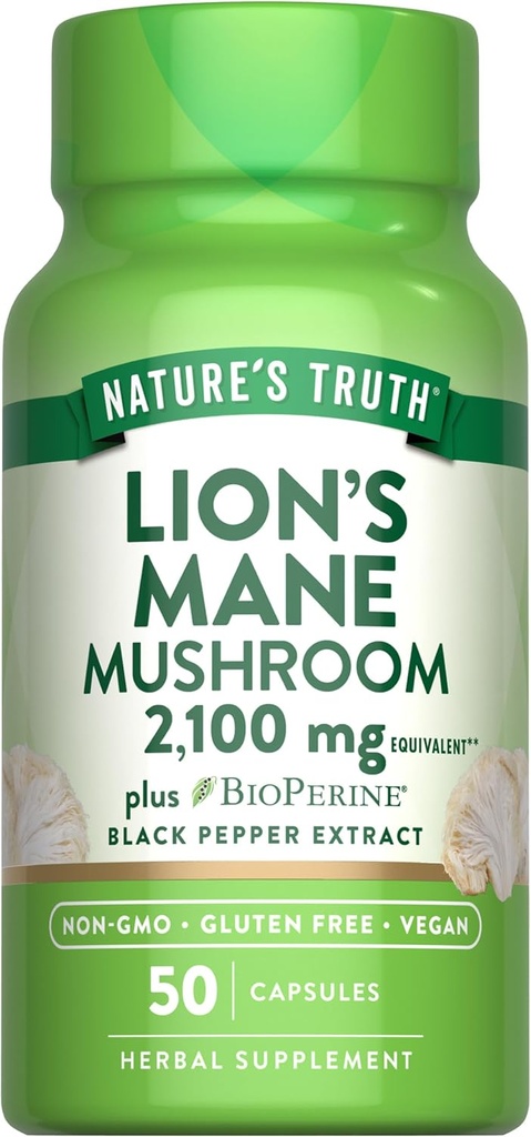Nature's Truth Lions Mane Supplement Capsules | 2100 mg | 50 Kont | BioPerine | Vegan, Non GMO & Gluten Free Extract Formula Formula