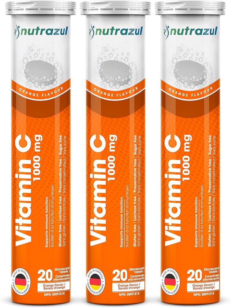 Notrazul Vitamin C 1000 mg Effervescent Tabletler- Orange 20's (Pack of 3) | Gluten Free, Lactose Free, Sugar Free & Preservative Free, Sugar Free & Preservative Free