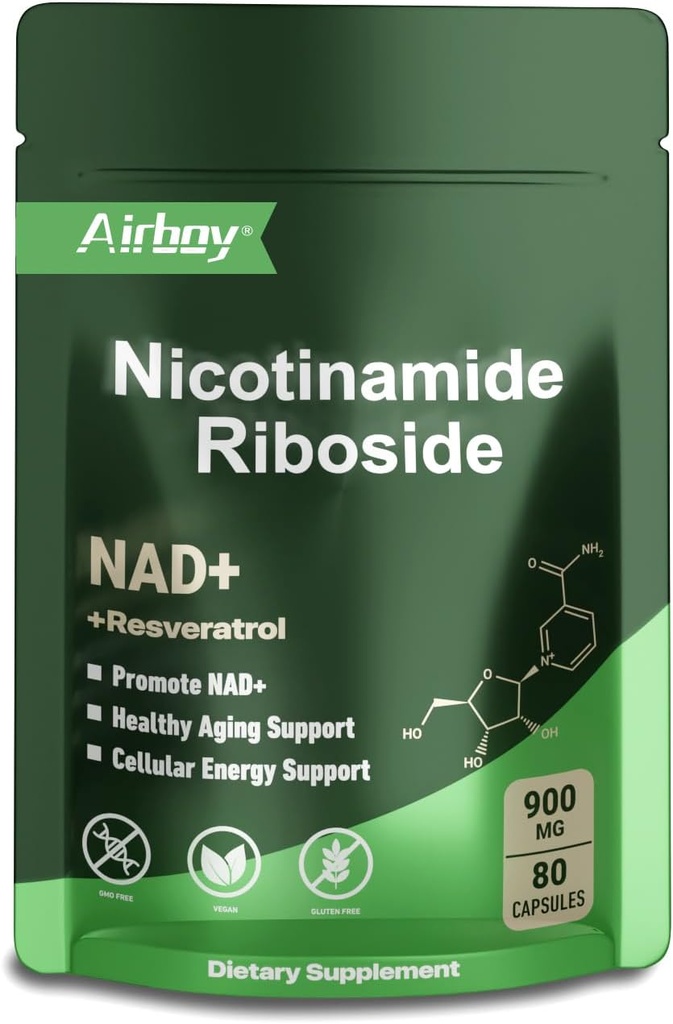 Airboy NAD Supplement with Nicotinamid Riboside Resveratrol & Quercetin 900 mg, NMNH Alternative for Men and Women Support Anti-Aging, Energy, Focus - 80 Capsules