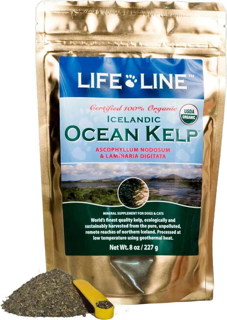 Life Line Organic Ocean Kelp Toz Cats, Köpekler, Livestock ve Horses – Doğal Iodine Supplement for Health Skin, Coat, and Teeth – Reduces Plaque & Arts Metabolism - 8 ozz
