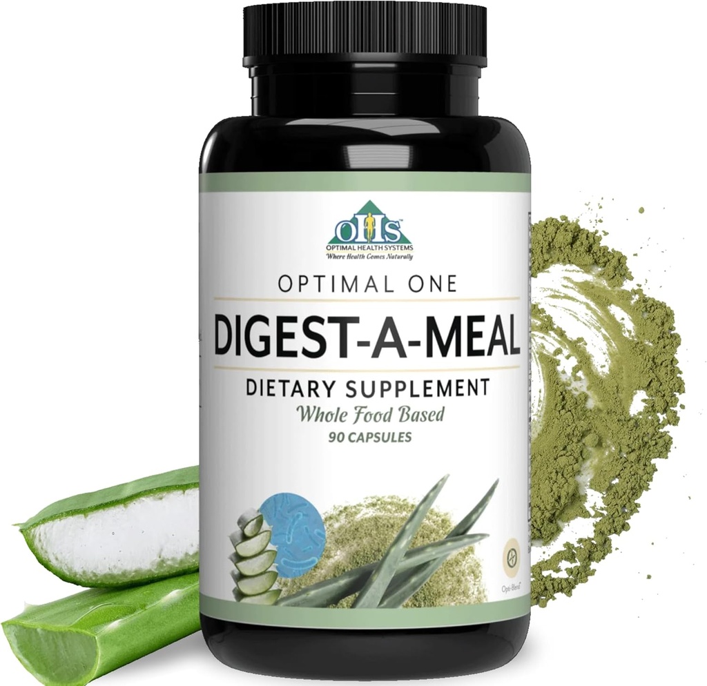 Optimal Health Systems Digest-A-Meal | Gut Health Enzyme & Probiyotik | Bloating, Acid Reflux, & Indigestion Relief + Aloe Vera Leaf | Digestion Supplement | 90 Capsules