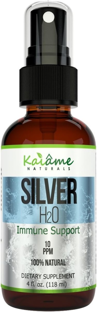 Kaiame Naturals Κολλοειδές ασήμι, ιωνικό ασημένιο διάλυμα, 10 PPM, μεγάλο 4 oz σπρέι σε γυάλινη φιάλη, φυσικό ανοσοποιητικό συμπλήρωμα υποστήριξης, ασφαλές για ενήλικες, παιδιά και κατοικίδια