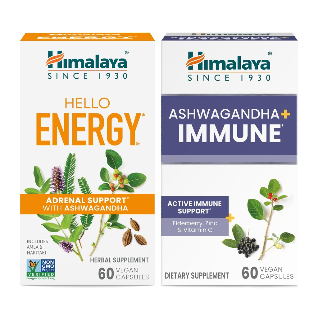Himalaya Hello Energy with Ashwagandha for Adrenal Support & Daily Energy and & Ashwagandha +Immune with Vitamin C for Active Immune Support, 60 Κάψουλες κάθε - Bundle