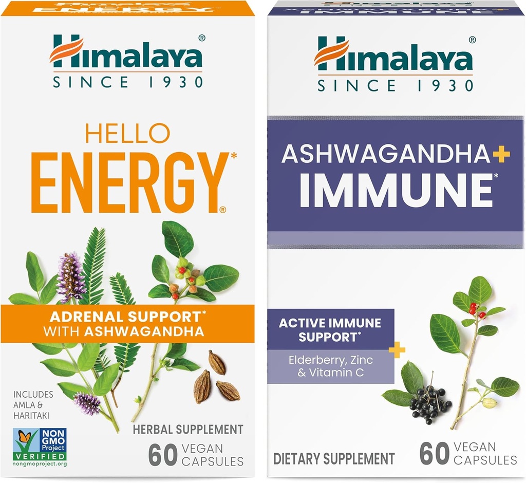 Himalaya Merhaba Enerji, Adrenal Destek ve Günlük Enerji ve Ashwagandha +Immune Support için C vitamini ile En İyi Immune Desteği, 60 Capsules Her - Scherenal Support & Daily Energy and & Ashwagandha +Immune with Vitamin C for Active Immune Support, 60 Capsules