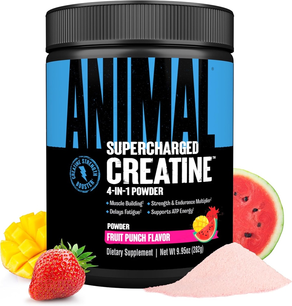Animal Supercharged Creatine Powder - Flavored Creatine Monohydrate Enhanced with Betaine Anhydrous, PurpleForce & Senactiv, Strength, Endurance, Muscle Recovery for Men and Women – Fruit Punch, 300g
