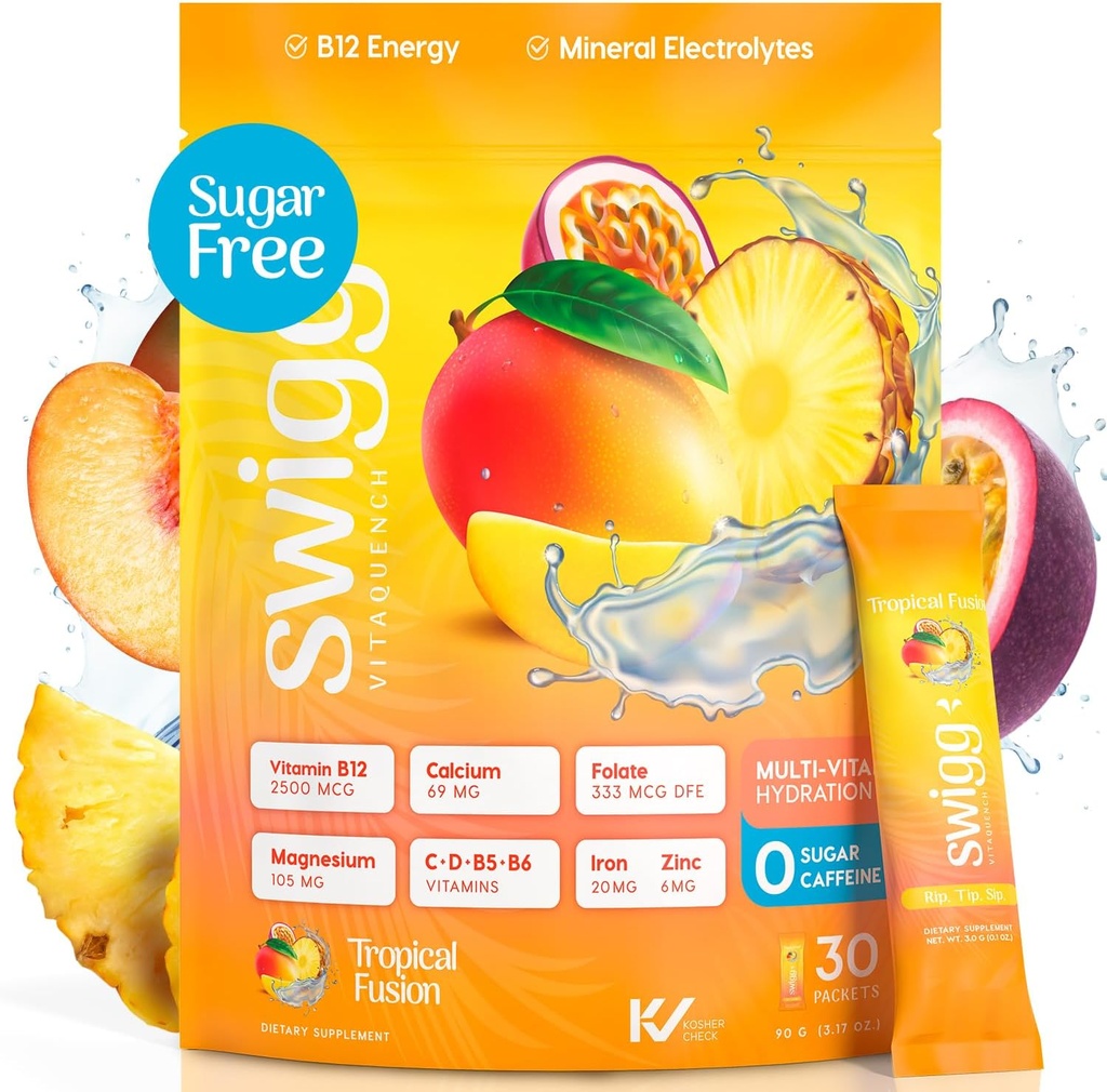 Swigg Electrolytes Powder Packets - No Sugar Multivitamin Hydration Powder, Sugar Free Electrolyte Drink Mix with Vitamin B12, B5, B6, C, D and Folate, Multi Vitamin Water, Tropical Fusion - 30 Sticks