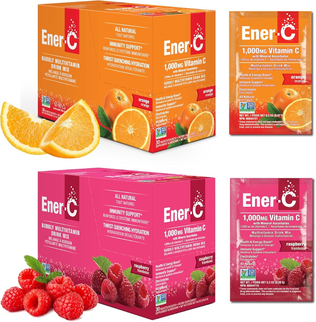 Ener-C Orange & Raspberry Multivitamin Toz Vitamini C 1000 mg & Electrolytes with Real Fruit Juice Natural Energy & Immune Support for Women & Men - Non-GMO Vegan & Gluten Free - 60 Count