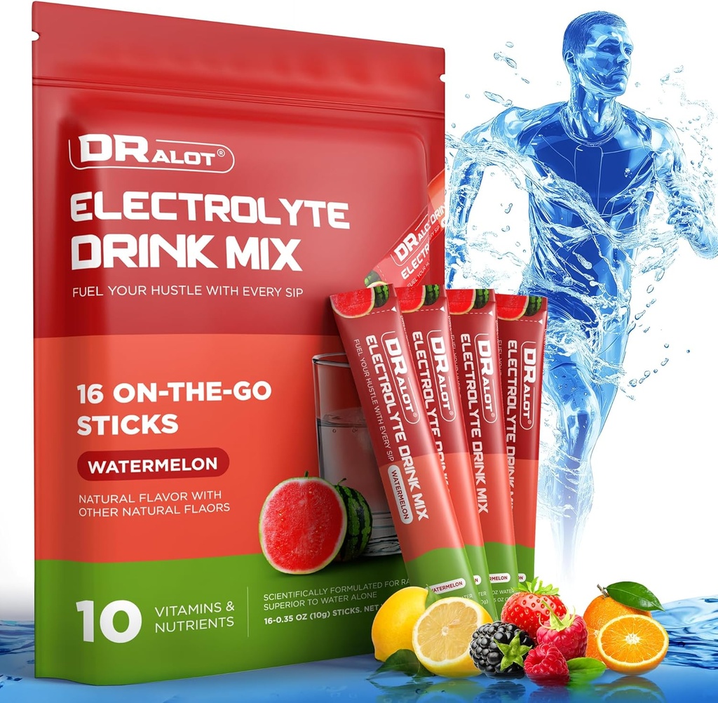 Şeker Free Electrolytes Toz Doğal Flavors, 3X Hızlı Hydration Packets with 10 Electrolyte & Vitamins, Liquid Daily IV, Non-GMO, Gluten-Free, DW, Vegan, 16 Sticks, Watermelon,