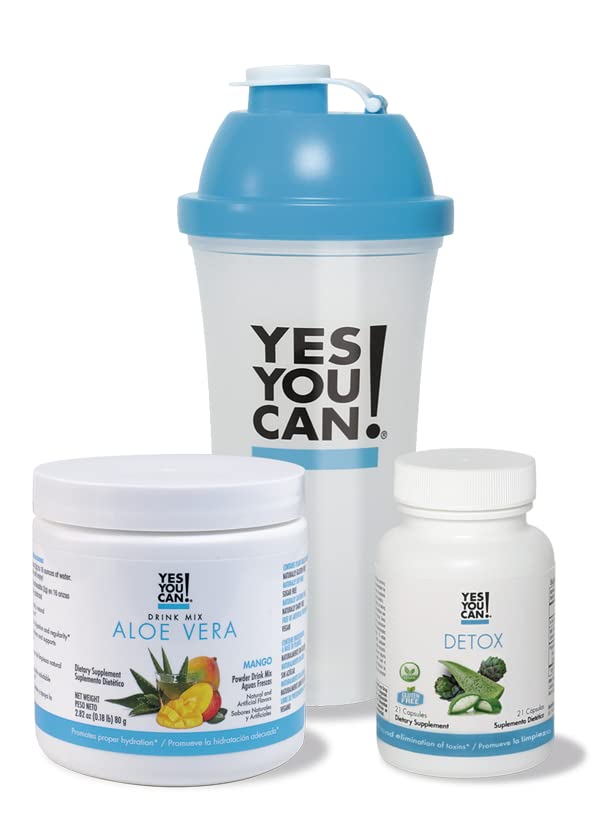 Ναι Μπορείς! Detox Kit Bundle - Περιλαμβάνει YYC! Καψάκια, Αλόη Βέρα Μείγμα Ποτού, και Μπουκάλι Νερού, Καθαριστικό Σώματος, Καθημερινή Καθαριότητα και κατάλληλη ενυδάτωση με Βιταμίνες - (Mango)