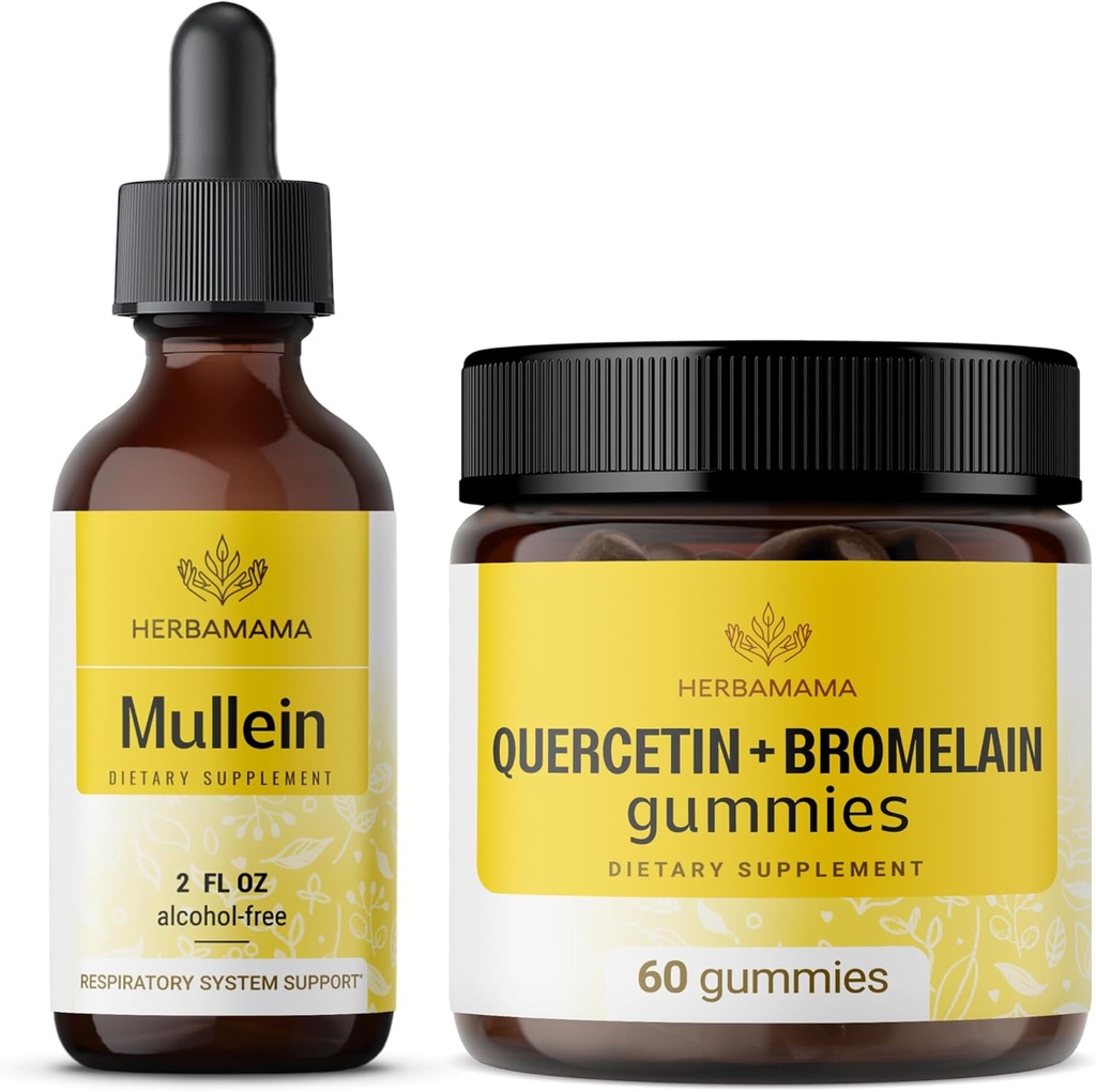 HERBAMAMA Mullein Leaf Extract and Quercetin Gummies Kit - Mullein Leaf Drops 2 fl oz ve 800 mg Quercetin with Bromelain Gummies - Vegan, Non-GMO, Alkol-Free - 2 Pack
