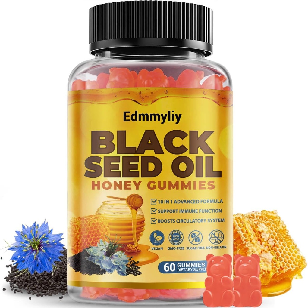 Black Seed Oil & Honey Gummies - Black Seed Oil 500 mg with Biotin, Ashwagandha Extract, Turmeric Extract, C & B6 - Destekler Immune & Digestion