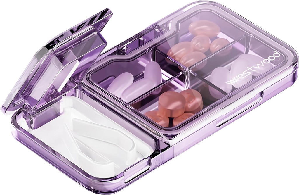 MURRI&MURRDI Pill Organizer with Pill Splitter Pill XS, Pill Box XS for Small or Large Pills, Small Medicine Case Vitamini Kazanan, Portatif Pill Crusher For Purse Pocket (C Mor)