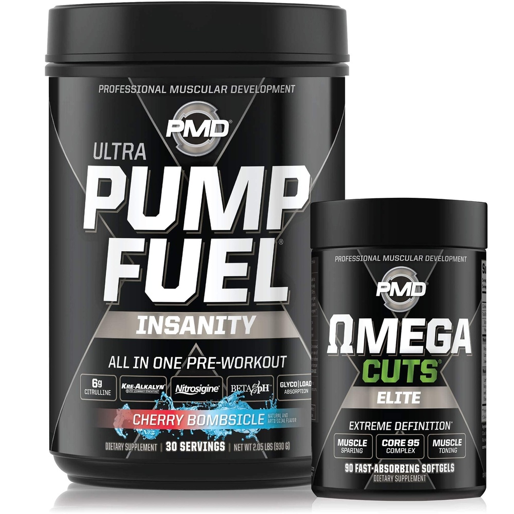 PMD Sports Ultra Pump Insan Yakıtlığı - Pre Workout - Cherry Bombsicle (30 Hizmet) Spor Omega Cuts Elite Thermogenic Fat Burner (90 Softgels)