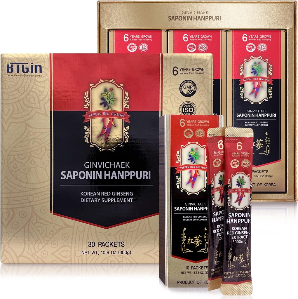 Kore Red Ginsengi 3000 mg Her gün, Saponin Hanppuri, Immune ATM ve Focus Supplement for Brain developedment with Ginsenoside Rg3, Panax Ginseng 6 Years Root, 30Packets in 1 Set