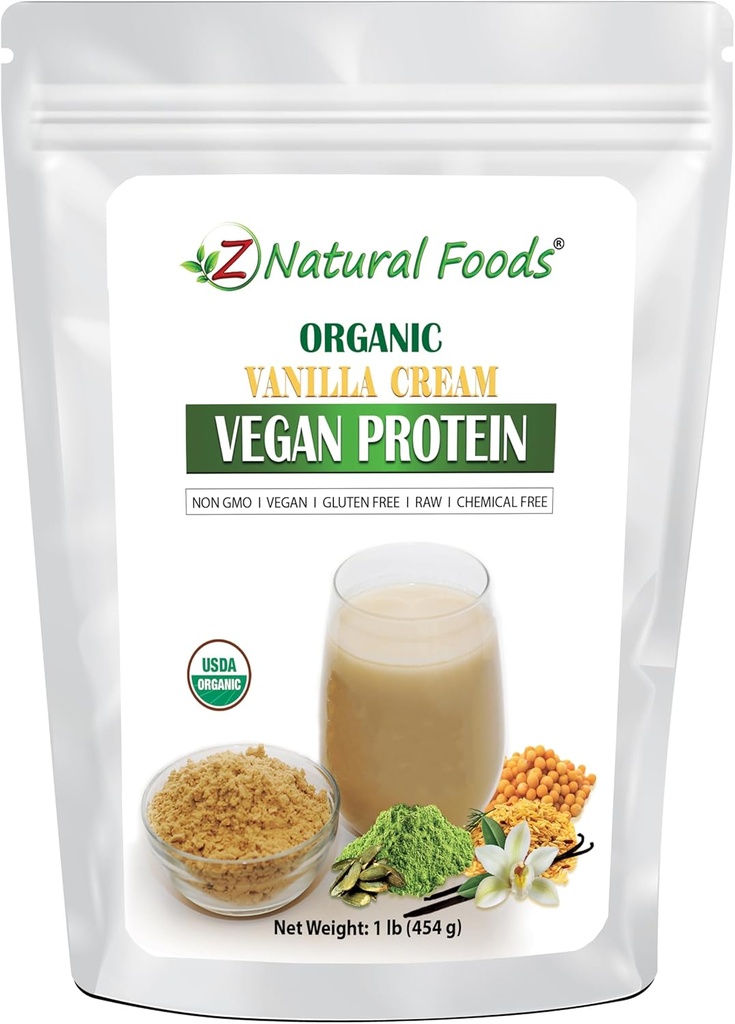 Z Natural Foods Organic Vanilla Cream Vegan Protein Powder, Vanilla Flavored Vegan Protein Supplement, All Natural, Vegan, Non-GMO, 1 lbs
