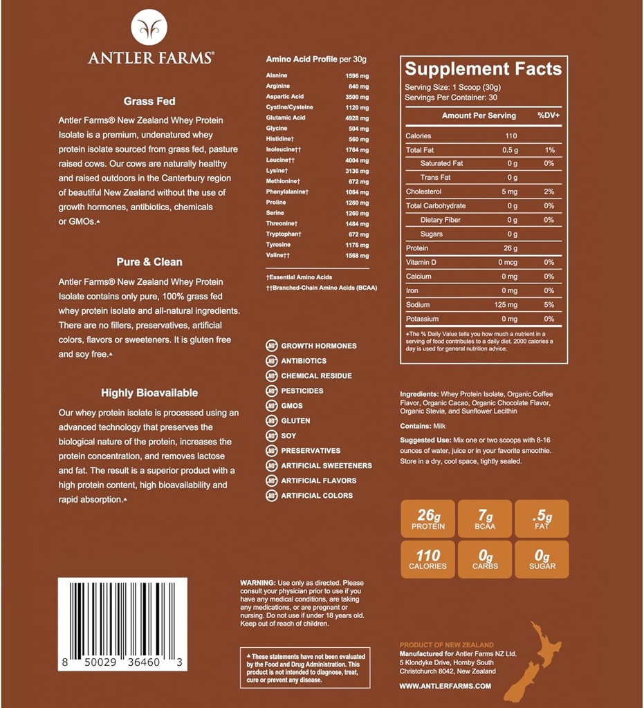 Antler Farms - 100% Grass Fed New Zealand Whey Protein Isolate, Iced Mocha Flavor, 2 lbs - Pure and Clean, 6 Ingredients, Cold Processed