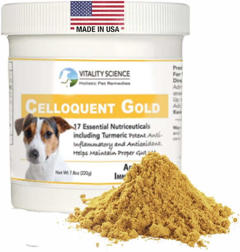 Vitality Science Celloquent Gold for Dogs | Holistic Advanced Immune Support Supplement | 17 Proven Malzemeler | Auto Immune, Vomiting and Diarrhea, Depresyon (220g)