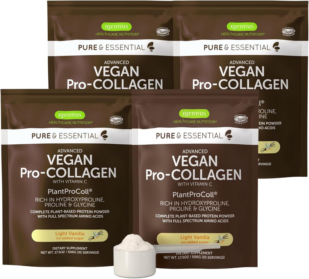 Igennus Advanced Vegan Vanilla Collagen Peptide Powder, Enhanced with Glycine, Proline & Hydroxyproline & Cofactor Vitamin C, Non GMO, Vegetarian Plant Based Collagen Powder Booster, 140 Servings