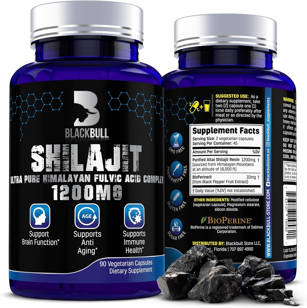 Blackbull Shilajit Καθαρές Οργανικές Κάψουλες Ιμαλαΐων - Φυσικό Shilajit Resin Organic με 20% Fulvic Acid Συμπλήρωμα, Εγκεφαλική Υγεία, Γήρανση Ανοσολογική Υποστήριξη - Καθαρή Shilajit Ιμαλαΐων