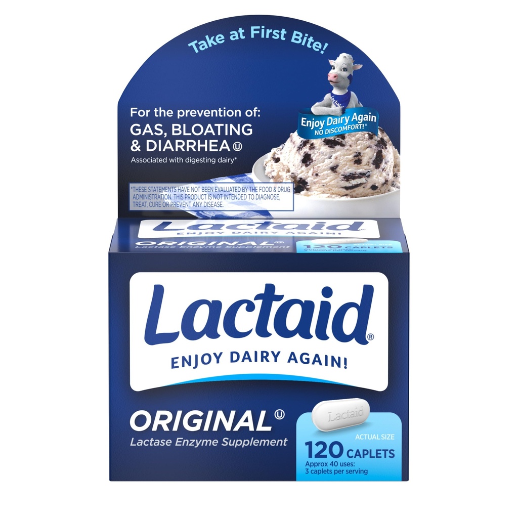 Lactaid Original Strength Lactose intolerance Pills, 9000COM Natural Lactase Enzyme Dairy Relief Caplets, Helps prevent Gas, Bloating & Diarrhea Due to Lactose sensitiveity in Yetişkinler & Kids, 120 Count Count