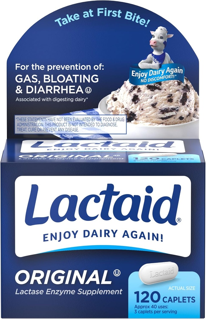 Lactaid Original Strength Lactose intolerance Pills, 9000COM Natural Lactase Enzyme Dairy Relief Caplets, Helps prevent Gas, Bloating & Diarrhea Due to Lactose sensitiveity in Yetişkinler & Kids, 120 Count Count