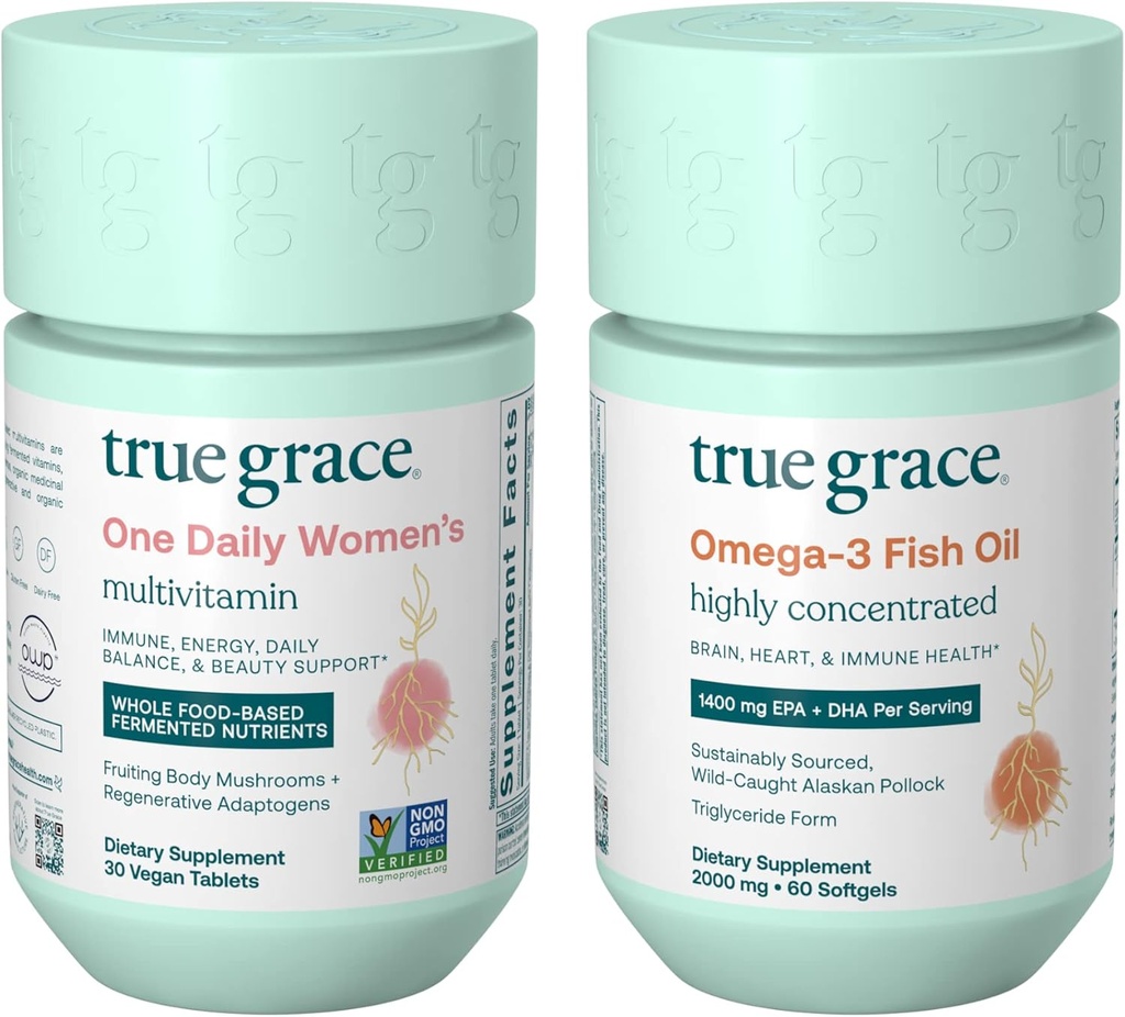 True Grace One Daily Women's Multivitamin (30 Vegan Tabletler) & Omega-3 Fish Oil (60 Softgels) - Gluten Free, Soy Free, Organic - 30 günlük Supply of each