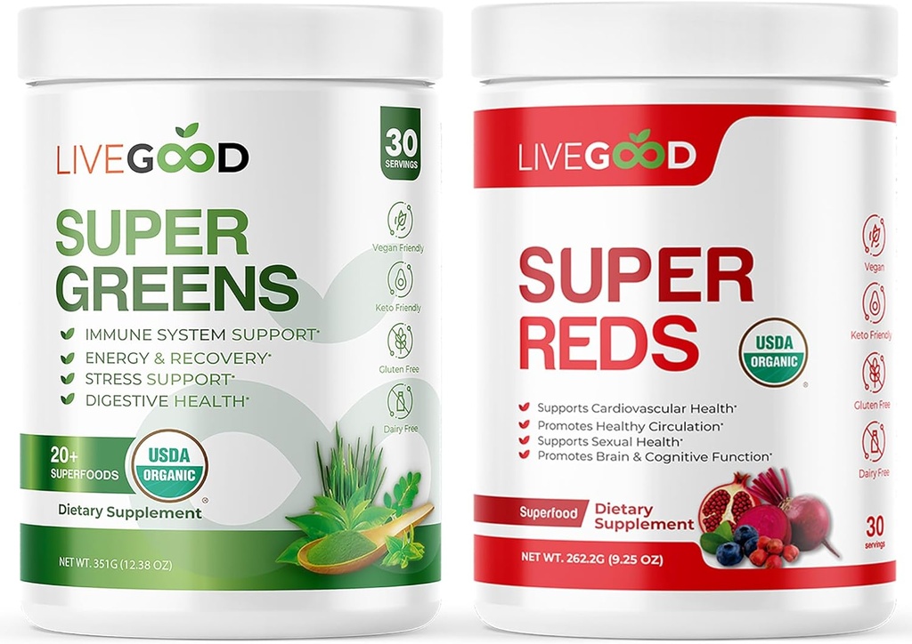 LIVEGOODTM Organik Süper Yeşiller ve Super Reds, Buğday, Barley, Matcha Green Tea, Aloe, Beet Root, Pomegrani, Vegan, Gluten-Free