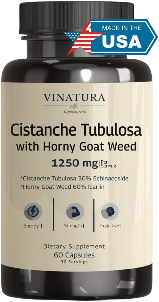 VINATURA Cistanche ile Horny Goat Weed% 60 Icariin - 1250 mg per Service, Cistanche Supplement Men, Enerji, Güçlü Bilişsel *USA Yaptı ve Test Edildi * - 60 Capsules 30 Servisler