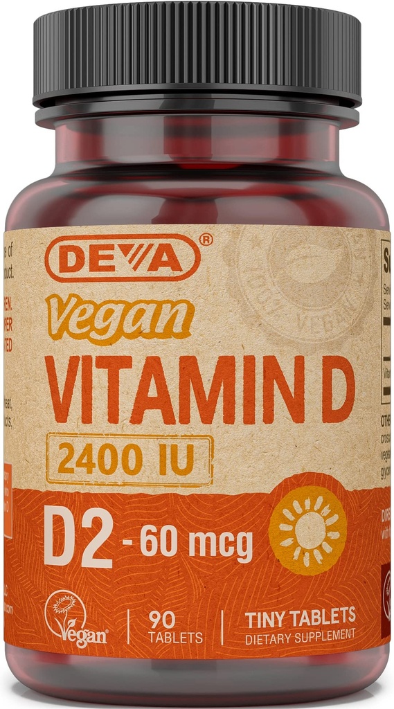DEVA Vegan D2 60 mcg 2400 IU, Ergocalciferol Supplement with No Animal Materialss, 90 Tablet, 1-Pack