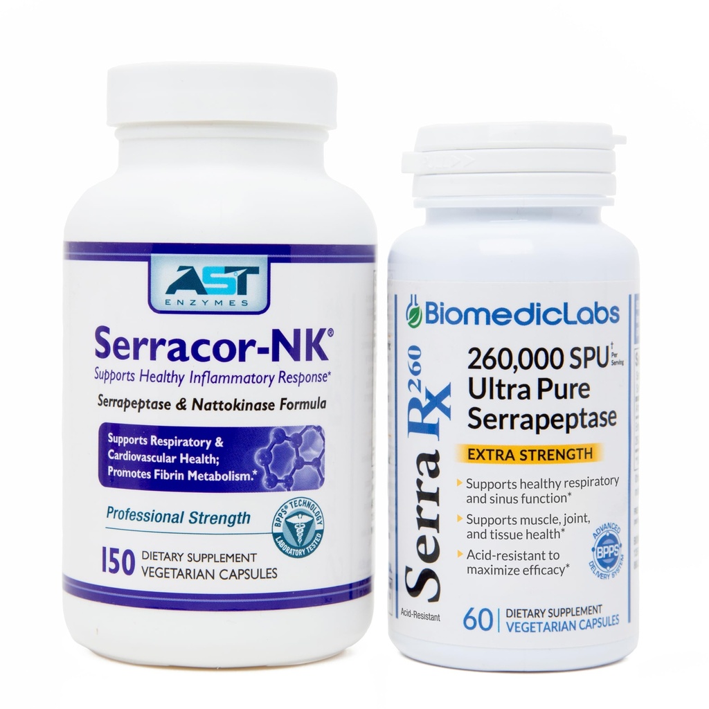 Serracor- NK & Serra-RX 260.000 SU - Scar Thissue Bundle (150 Κάψουλες & 60 Κάψουλες) - Οξύ- Resiant Serrapeptase Proteolytic Systemic Enzyme, αναπνευστικό & πνεύμονα Υποστήριξη